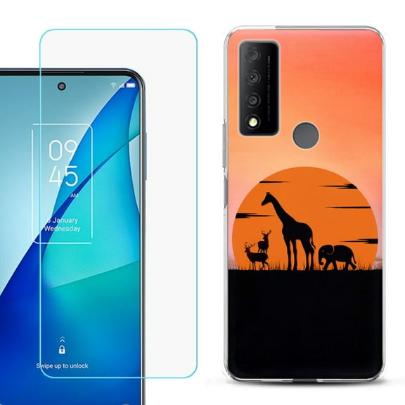 Slim-Fit Gel TPU Phone Case for TCL 4X 5G, with Tempered Glass Screen Protector, by OneToughShield ® - Sunset Safari