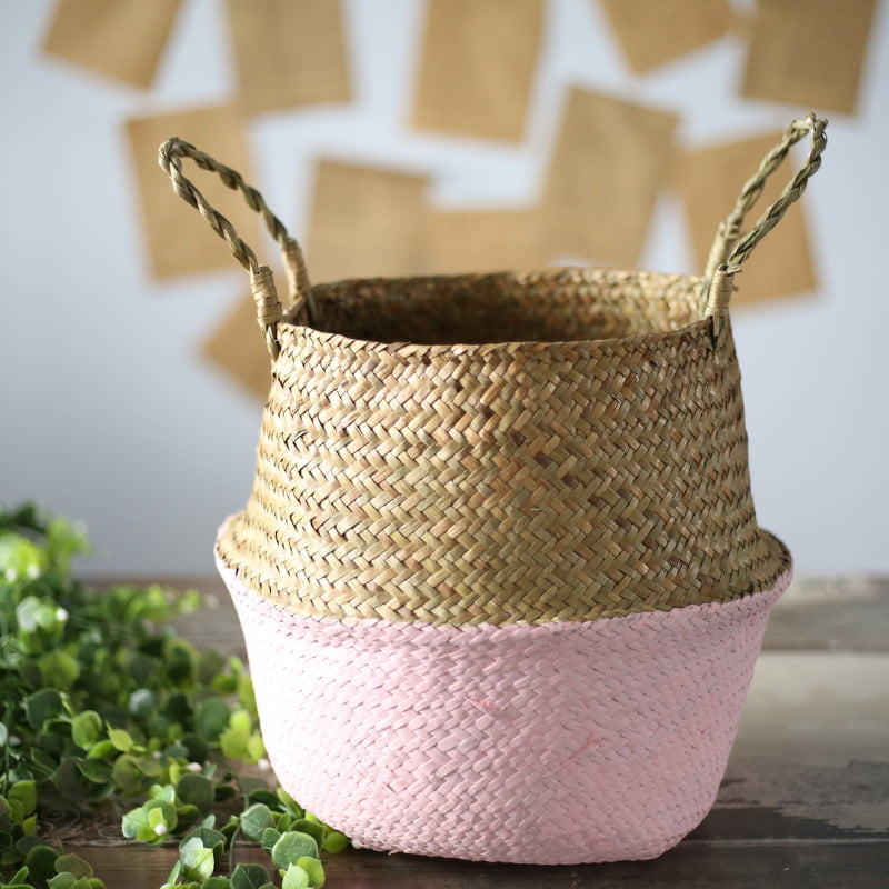 UK_ Foldable Natural Seagrass Belly Plant Laundry Storage Basket Flower Pot Nove 