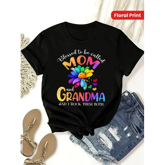 Blessed Mom Grandma Colorful Floral Graphic Women Short Sleeve Crew Neck Plus Size T-Shirt