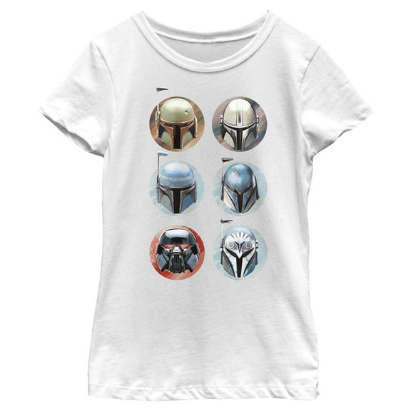 Girl's Star Wars: The Mandalorian Character Helmet Circles Graphic Tee White Medium