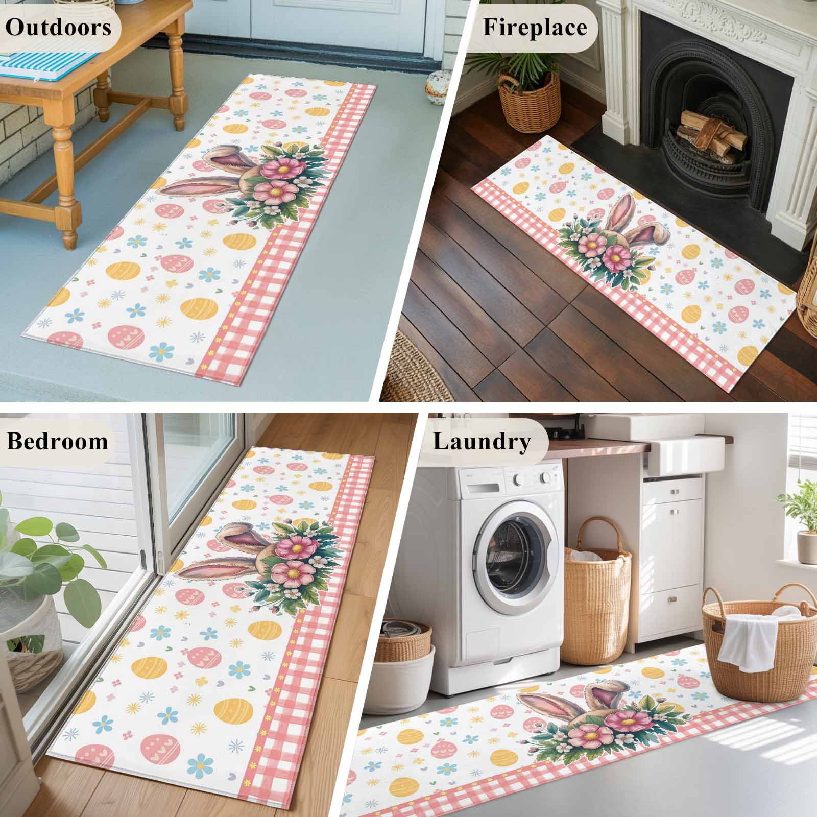 Easter 2'x6' Runner Rugs for Hallway Kitchen Bedside Non Slip Washable, Spring Floral Eggs Pink Checkered Pastoral Entryway Rug Runners with Rubber Backing, Long Carpet Runner for Laundry Room