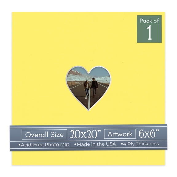 Yellow Picture Frame Mat for 20x20 Frames - Heart Opening for 6x6 Photos - 1 Mat