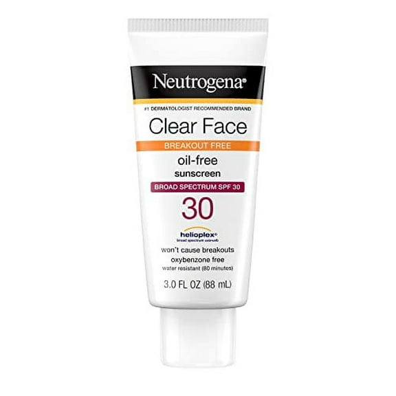 Neutrogena Clear Face Liquid Sunscreen for Acne-Prone Skin, Broad Spectrum SPF 30 Sunscreen Lotion with Helioplex, Oxybenzone-Free, Oil-Free, Fragrance-Free; Non-Comedogenic, 3 fl. oz