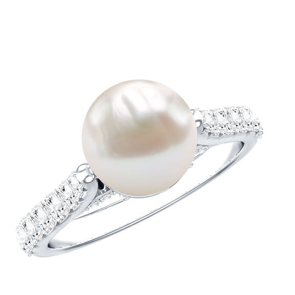 Rosec Jewels Cultured Freshwater Pearl Diamond Engagement Ring 7 Carat - Pearl Solitaire Ring for Women - AAA Quality, 925 Sterling Silver, US 4.00