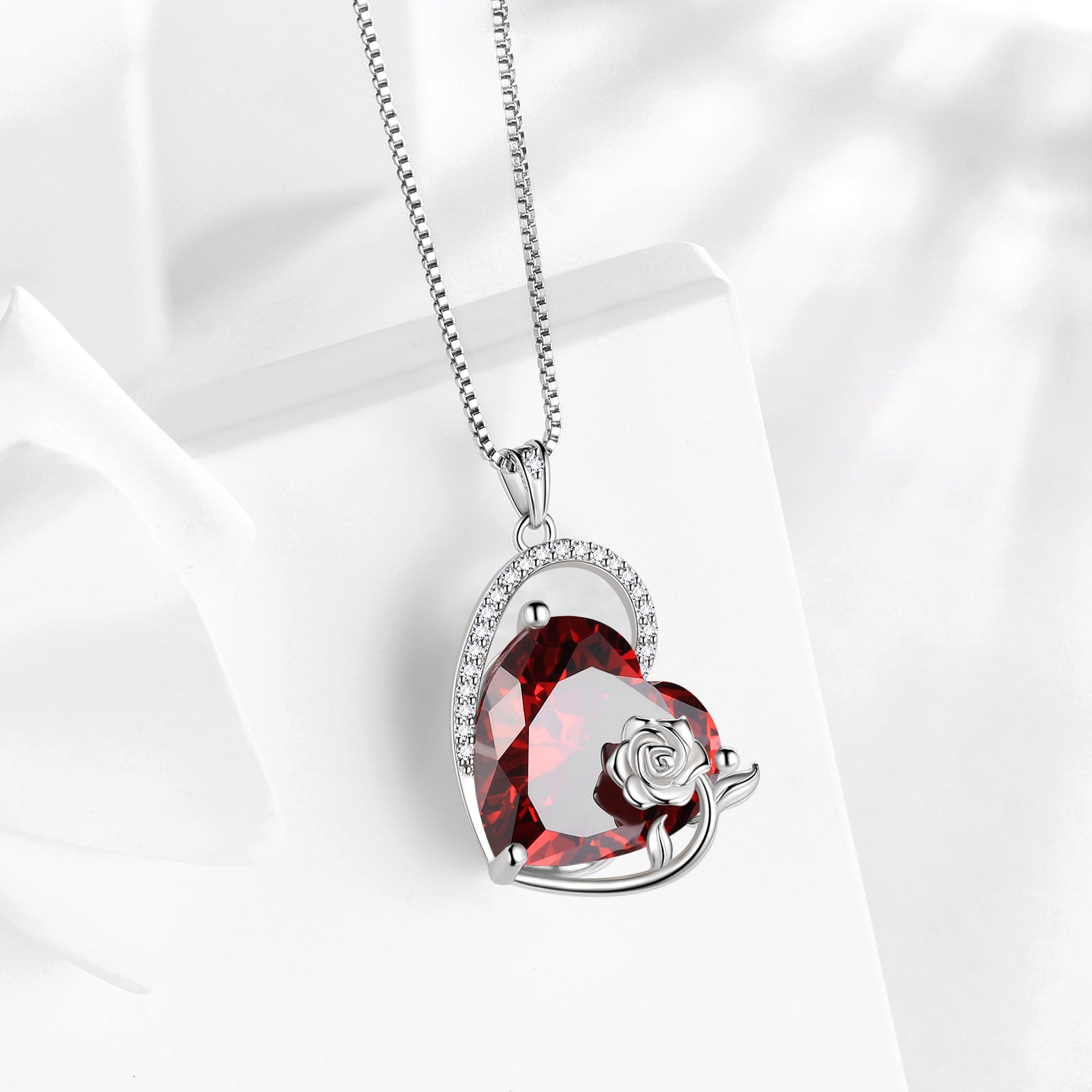 Juwaliy 925 Sterling Silver 15MM Heart Necklace Women January Birthstone Garnet Jewelry Red Rose Flower Pendant Mother Birthday Valentine's Day Xmas Gift