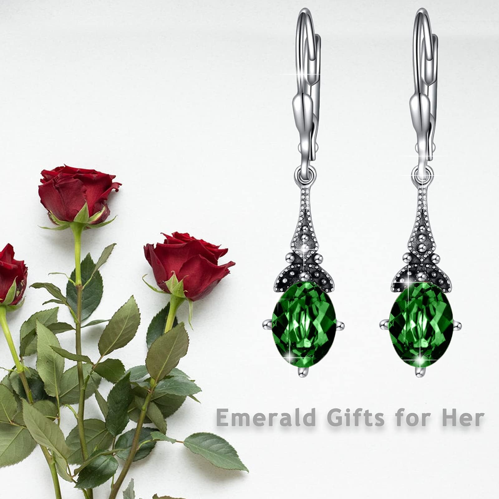 SISGEM Vintage Earrings for Women Sterling Silver Retro Drop Dangle Leverback Earrings with Oval Cut Genuine Stone Crystal from Austria, Anniversary Birthday Jewelry Gifts for Women