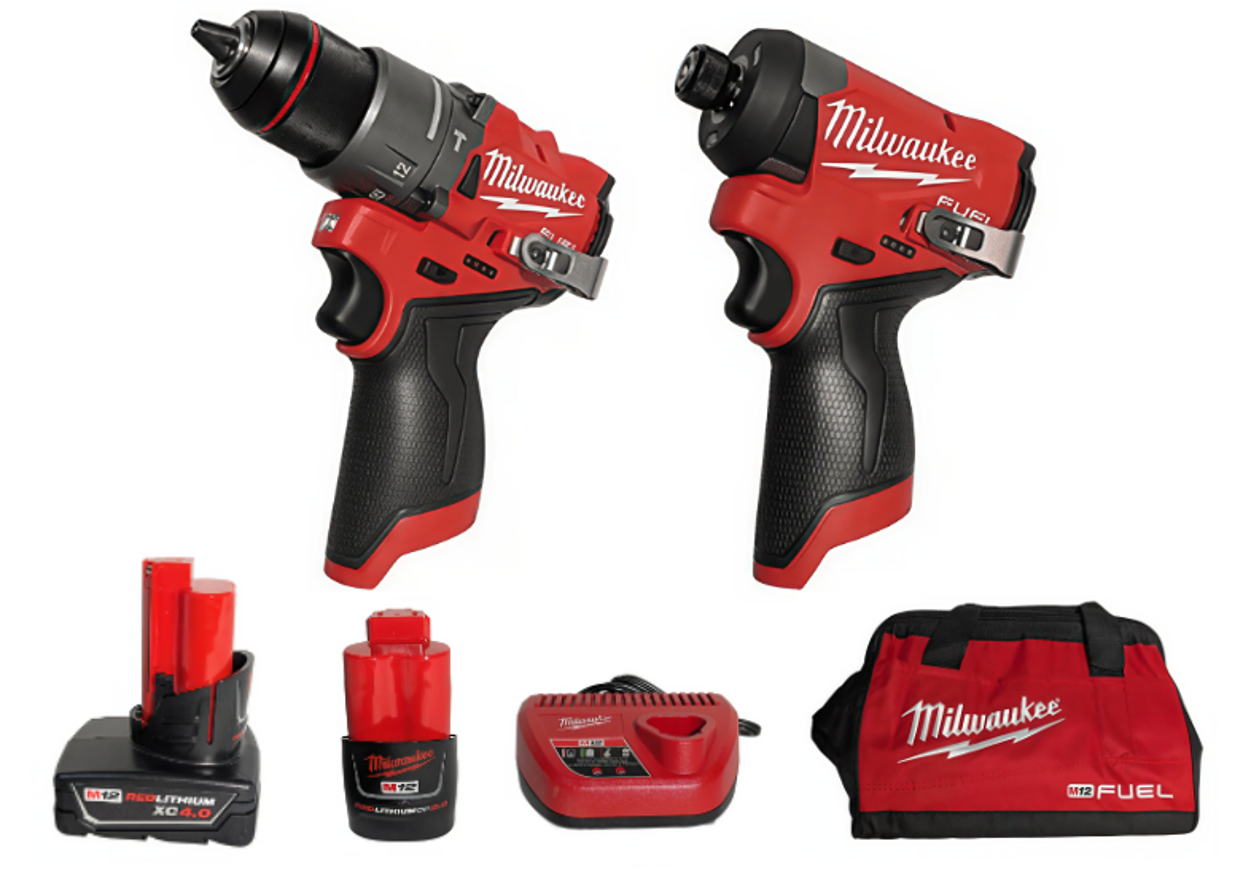 Milwaukee M12 FUEL 2-Tool Combo Kit (3497-22) – 1/2 in Hammer Drill and 1/4 in Impact Driver, (2) Batteries, Charger and Bag