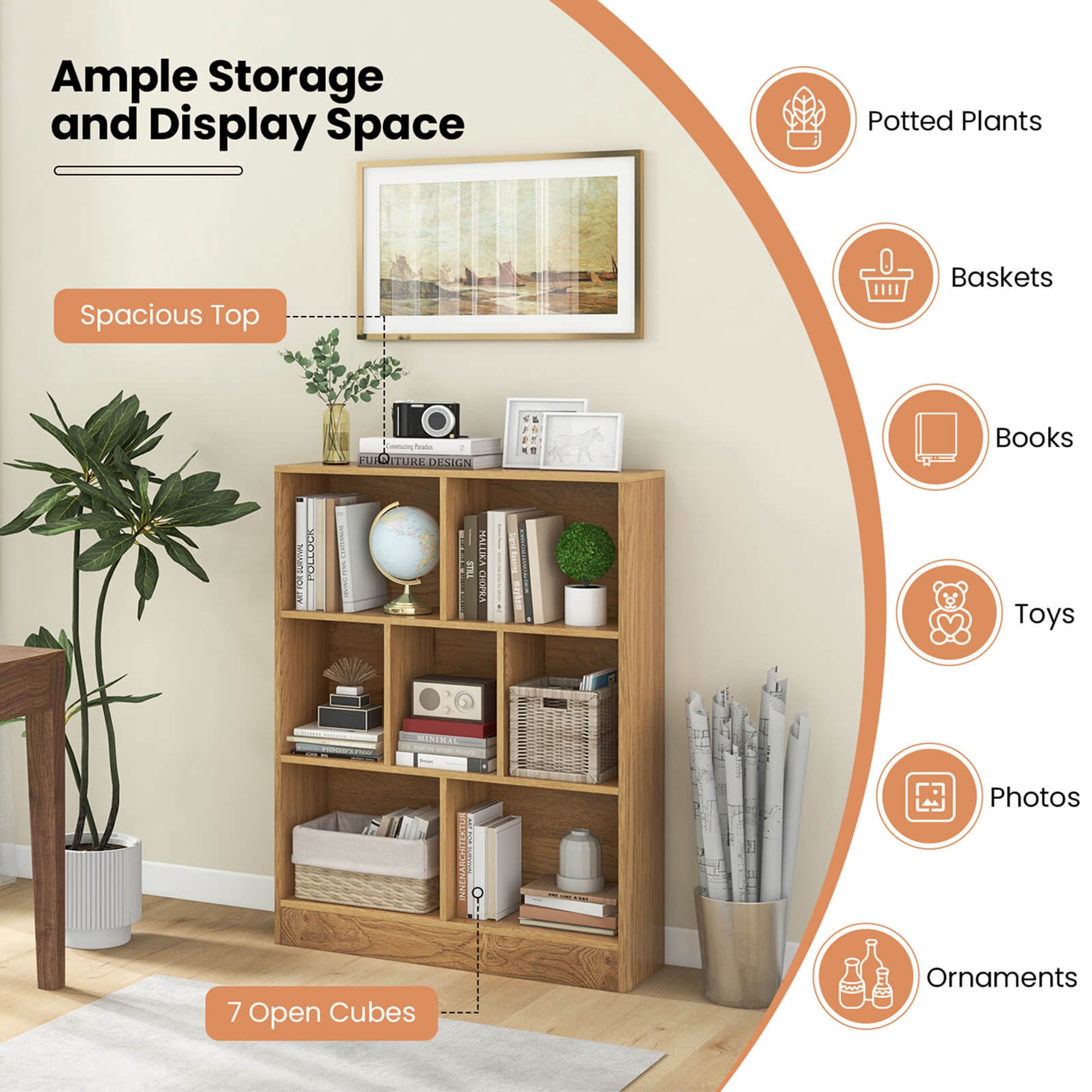 Costway 7-Cube Bookcase for Kids 41" Wooden Toy Storage Organizer Freestanding Bookshelf Brown