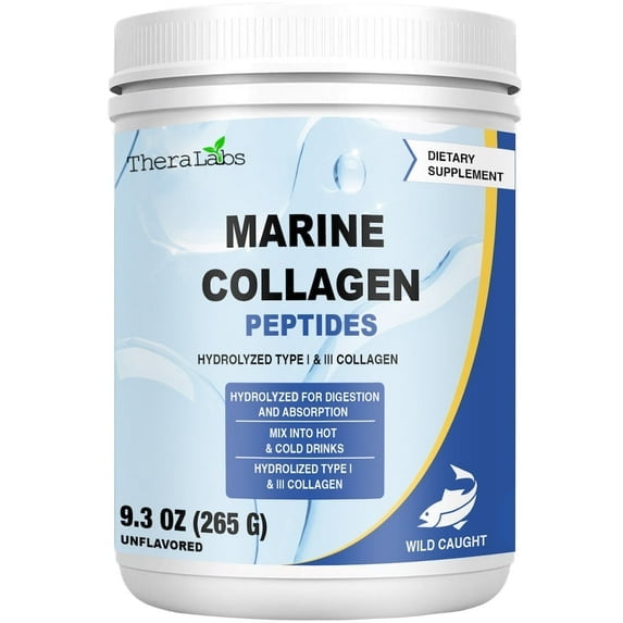 TheraLabs Marine Collagen Peptides 9.3oz (265g) Wild Caught Fish Hydrolyzed Type I & III Collagen - Kosher - Supports Healthy Skin, Nails & Hair - 26 Servings - 1PK