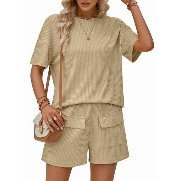 Women Matching Shorts Knitted Pockets Sets Fall Round Neck 2 Piece Set Summer Short Sleeve Lounge Sets Khaki XL