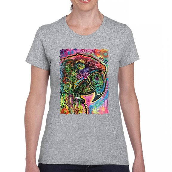 Tee Hunt Dean Russo Colorful Parrot T-Shirt Exotic Bird Beak Feather Women's T-Shirt Tee, Gray, Medium