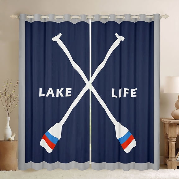 jejeloiu Lake House Black Out Curtains,White Cartoon Paddle Curtains Pack of 2 (42x63 Each) For Boys Girls