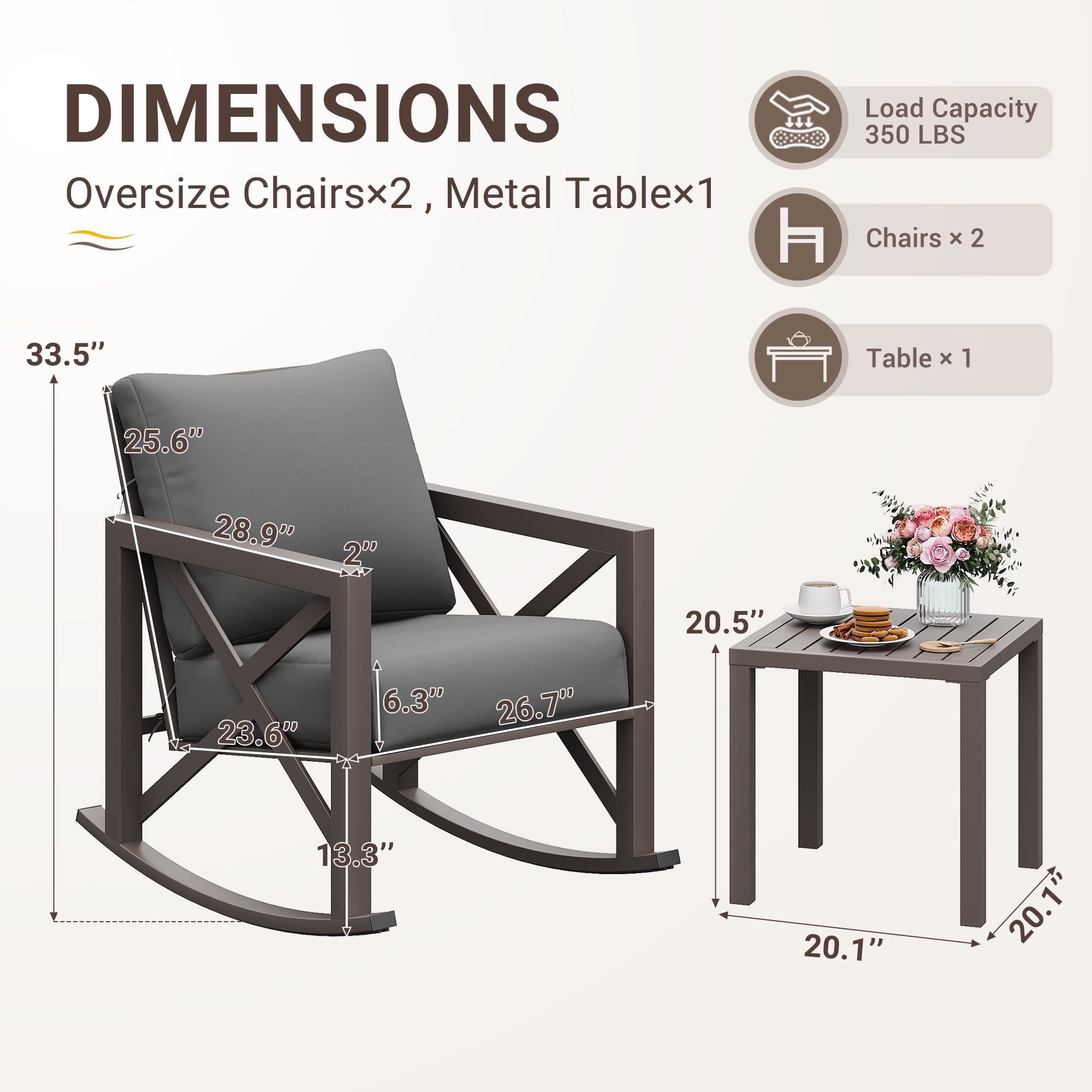 MRUAKA Rocking Chair Bistro Set,3 Piece Outdoor Patio Furniture Set with 2 Rockers and 1 Metal Coffee Table with Thick Cushions for Porch,Backyard,Poolside,Dark Grey