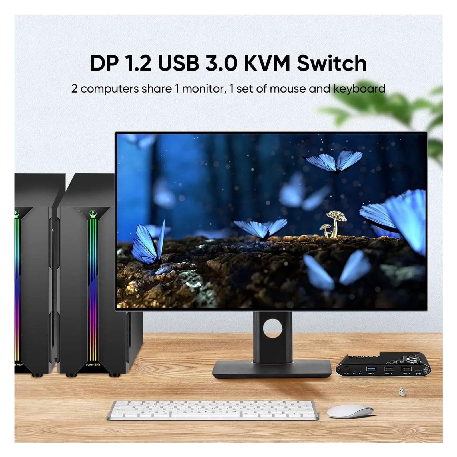 KVM Switch, 2 Ports, 4K@60Hz Resolution, Enabling Two Computers to Share One or Dual Monitors, HDCP 2.2 & USB Cables Provided