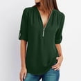 thumbnail image 4 of TIHLMK Blouses Shirts Women's Summer Long Sleeve Shirts Zip Casual Tunic V-Neck Rollable Blouse Tops Green, 4 of 6
