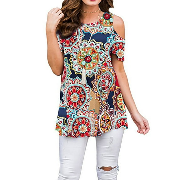 YAGHYAGH Womens Floral Print Cold Shoulder Tunic Blouse T Shirt Tops