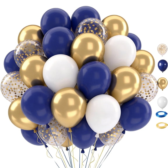 Navy Blue and Gold Balloons, 50 Packs 12 inch Navy Blue and Metallic Chrome Gold Confetti Balloons with Ribbons for Birthday, Baby Shower, Graduation, Eid Ramadan Decorations