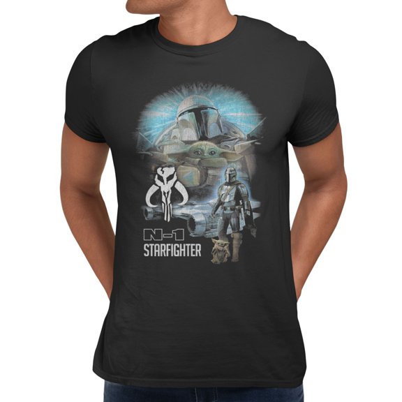 Star Wars The Mandalorian N-1 Starfighter Grogu Distressed Men's T Shirt (Black, S-XXXL)