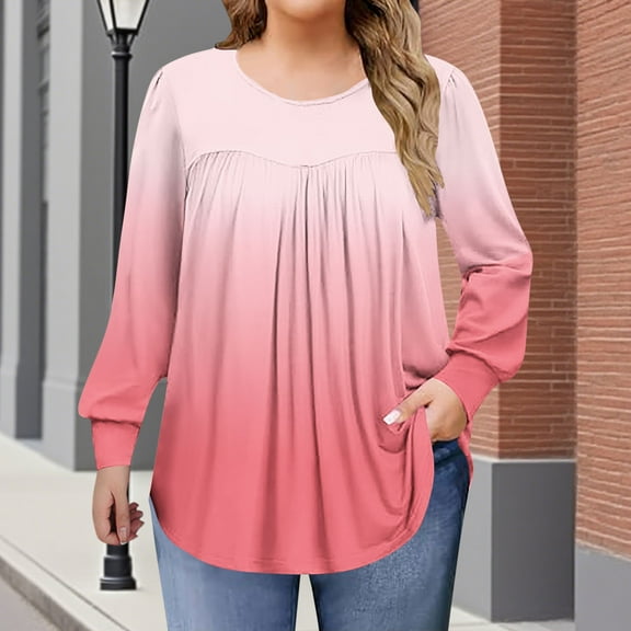 VgaVtl Long Sleeve Womens T Shirts Fall Winter Oversized Womens Tops Fancy Gradient Color Casual Pleated Pink Shirts,XL