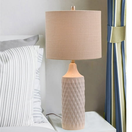 - Cresswell Lighting 3-Way Quilted Ceramic Table Lamp with Natural Linen Drum Shade