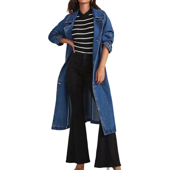 Women'S Casual Double Breasted Long Denim Trench Coat Jean Jacket Trenchcoat with Belt Duster Coat Denim Blue L