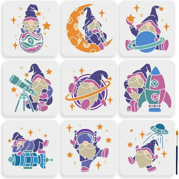 9pcs Astronaut Gnome Stencils 7.8×7.8inch Large Space Theme Gnome Stencil with Paint Brush Planet Moon Telescope Rocket UFO Template