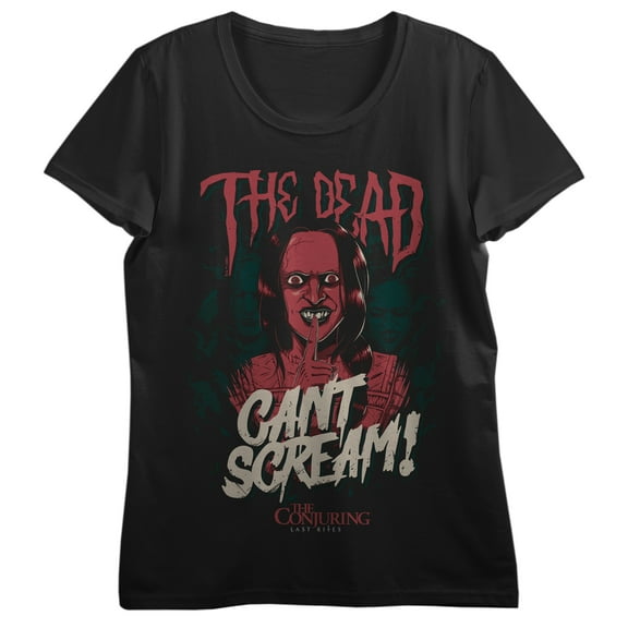 The Conjuring 4: Last Rites (2025) Red Monster and Ghost, The Dead cant scream! text and logo on black Adult T-Shirt-Small