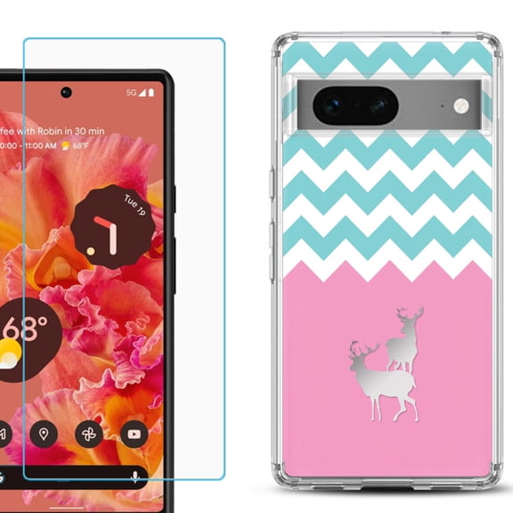 Slim-Fit Gel TPU Phone Case for Google Pixel 7, with Tempered Glass Screen Protector, by OneToughShield ® - Chevron/Teal/Deer