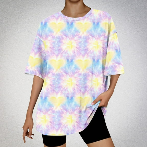 Royisotas Womens Plus Size Tops Summer Short Sleeve Casual Yellow Womens Shirts Crew Neck Tie Dye Tshirt for Women