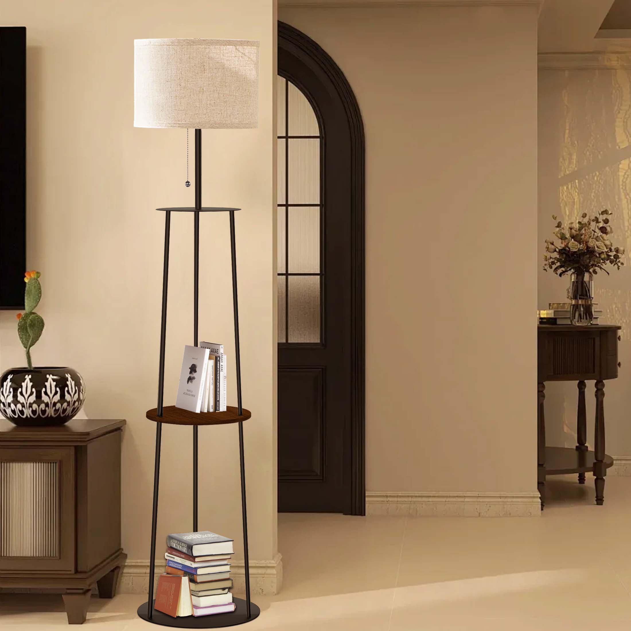 65" Floor Lamp with Shelves, Modern Round Standing Lamp with 3 Color Temperature Bulb – Corner Display Bookshelf Lamp for Living Room and Bedroom