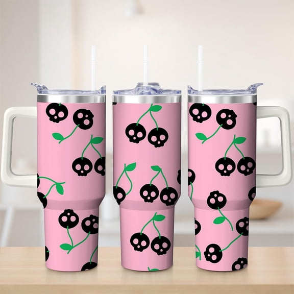 Pink Skull Cherry Stainless Steel Insulated Mug with Lid and Handle, 30oz