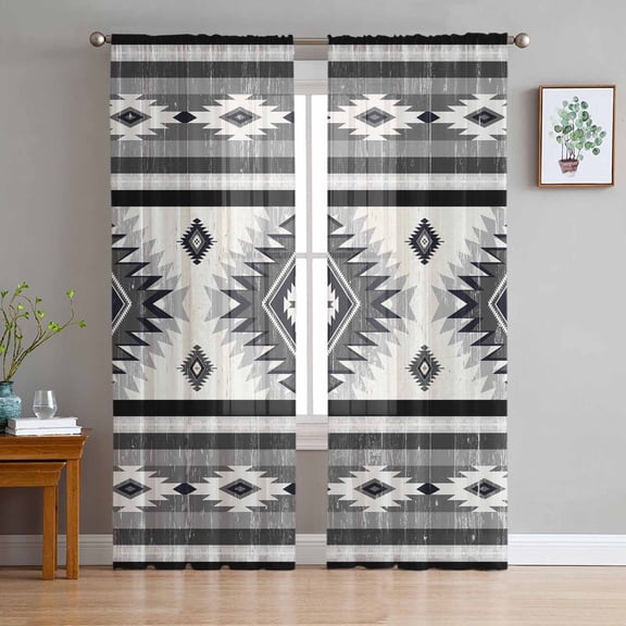 Gray Boho Sheer Curtains 96 Inch Length 2 Panels Set for Living Room/Bedroom, Southwestern Ethnic Aztec Retro Geometric Semi Curtain Sheers Drapes Rod Pocket Curtains Window Treatment Set 52''x96''x2