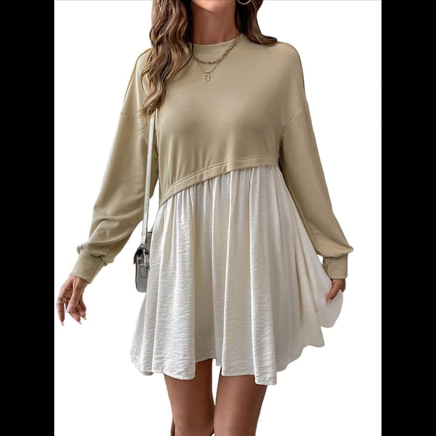 Vestido Corto Informal de Corte A con Cuello Redondo, Larga y Dobladillo con Volantes para Mujer Caqui L