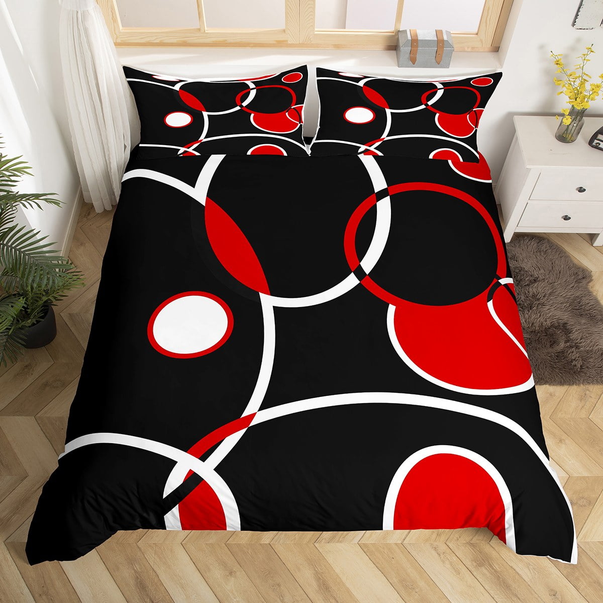 YST Modern Bed Set for Boys Girls Abstract Duvet Cover, Black White Red