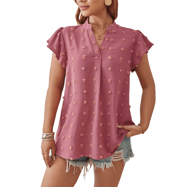 Blusa de Verano 2025 para Mujer, con Cuello en V, Volantes, Corta, Lunares, Holgada, Color Rosa, Talla XL