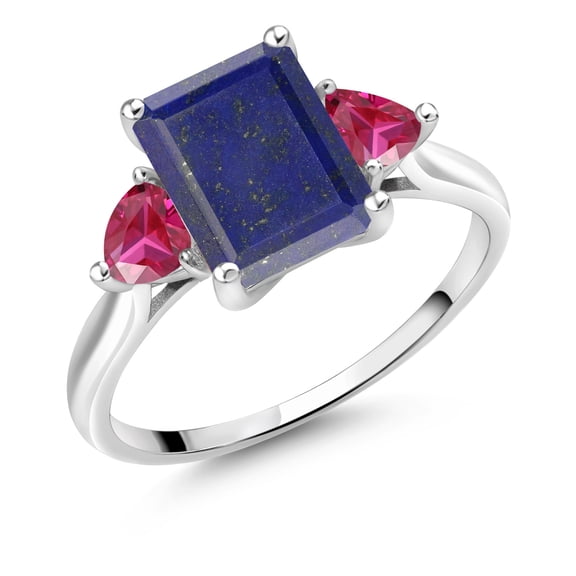 Gem Stone King 10K White Gold Blue Lapis and Red Created Ruby 3 Stone Engagement Ring for Women (2.54 Cttw, Emerald Cut 9X7MM, Gemstone Birthstone, Size 5)