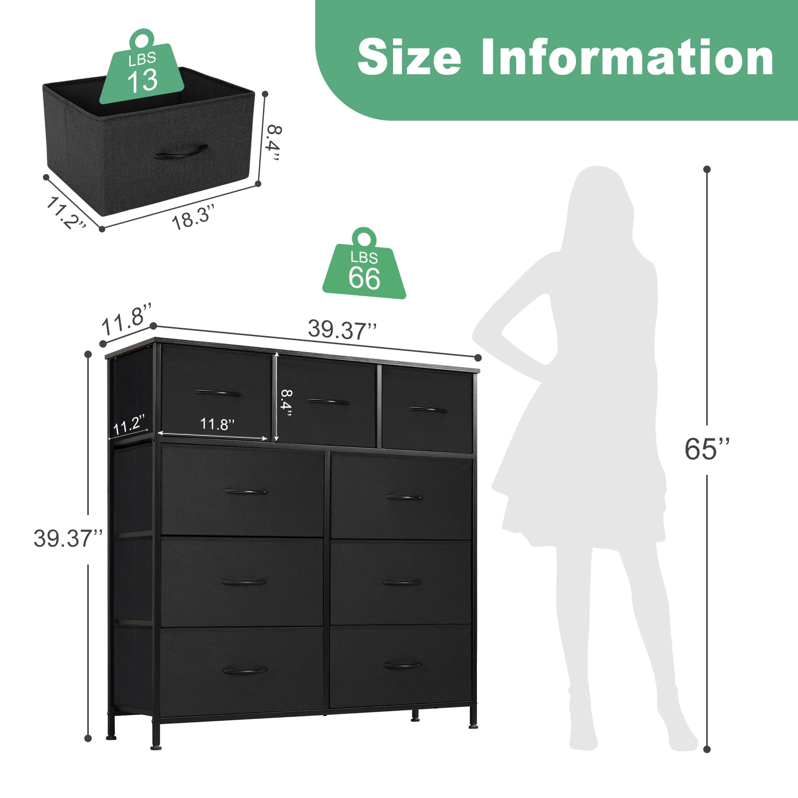 MAYEERTY Fabric Dresser with 9 Drawers for Storage and Organization, 39.4 Inch Tall Chest of Dresser, Black