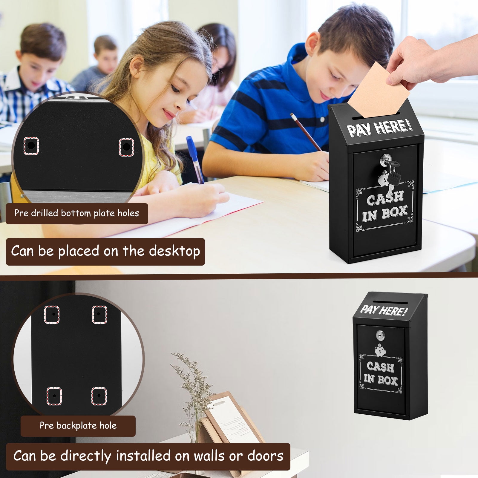Metal Donation Box with Key Lock Rustproof Cash Drop Box with Top Slot Wall Mounted with 2 keys for Business Home Office Outdoor
