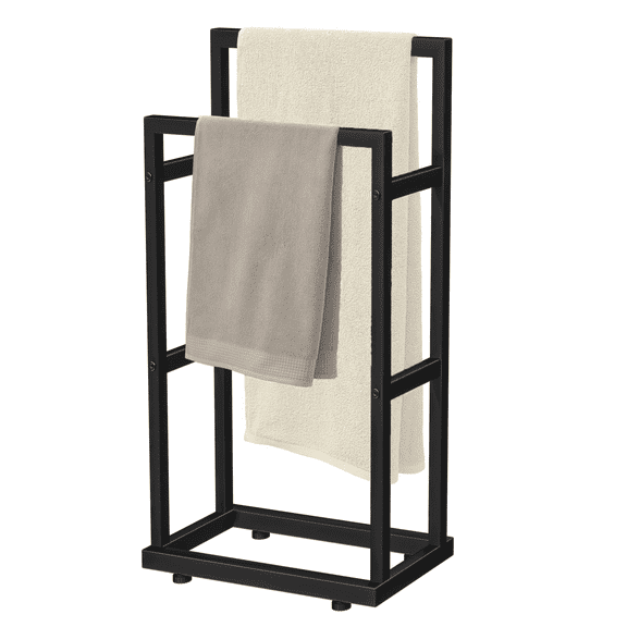 DAZUINIAO 43'' H Freestanding Towel Rack, 2-Tier Bathroom Towel Holder Stand, Alloy Steel Bath Towel and Bathrobe Organizer for Bathroom Storage