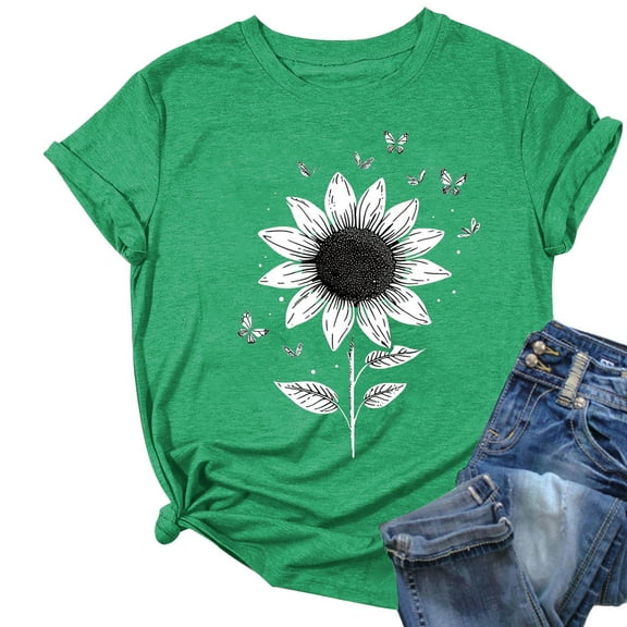 QQAMB T-Shirts for Women Plus Size Daisy Graphic Printed Summer Trendy Crewneck Short Sleeve Tee Tops Green M