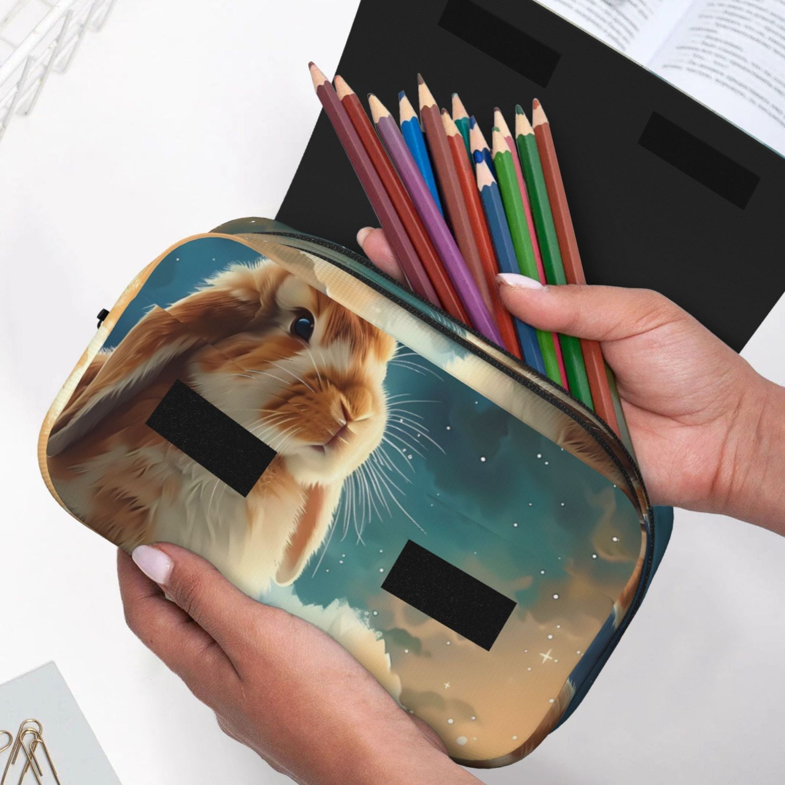 Rateoe Starry Sky Cloud Cute Rabbit Pattern Double Clamshell Pen Case, Storage Organizer with Two Zipper Compartments– Holds Up to 50 Pencils & Pens
