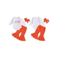 thumbnail image 2 of RUINIXCW Newborn Baby Girl My First Halloween Outfit Infant Baby Girls Fall Winter Clothes Cutest Pumpkin Long Sleeve Romper Ribbed Bell Bottoms Flared Pants Headband Set, 2 of 9