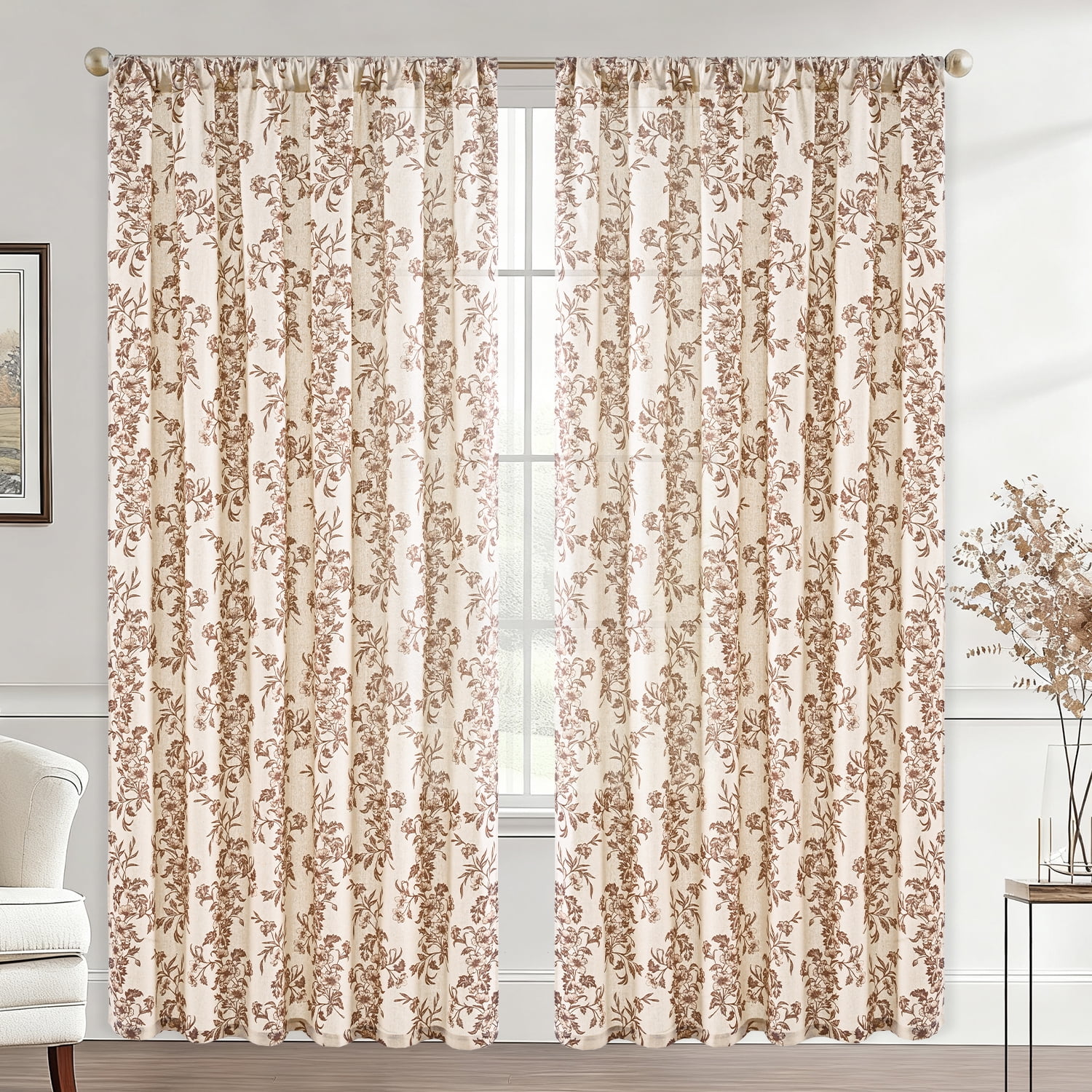 Alishomtll Floral Curtains for Living Room Farmhouse Country Linen Curtains Light Filtering Window Drapes,Brown ,52"x84", 2 Panels
