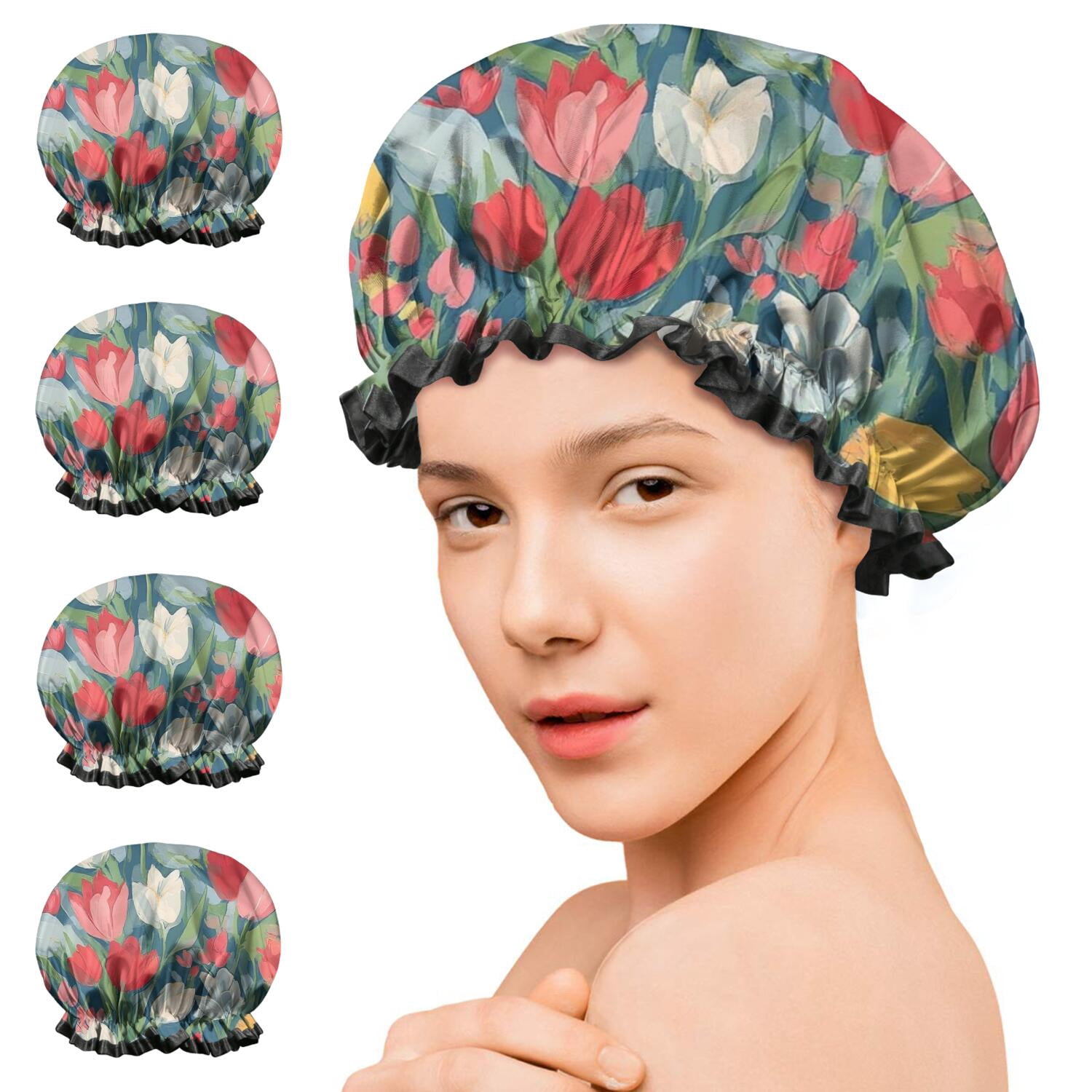 Shower Caps,Pioneer Flower Floral Print Pattern Waterproof Shower Cap for Women 4 Pieces,Double Reusable Hair Cover for Shower PEVA Elastic Stretch Hem