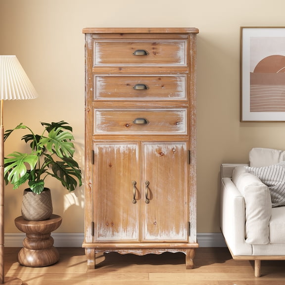 LiviNest Narrow Storage Cabinet for Small Spaces: 15.75" Wide 5-in-1 Organizer - Rustic Wooden Accent Chest with 3 Drawers & Decorative Door for Living Room & Bedroom
