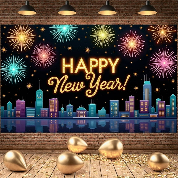 Colorful Fireworks Happy New Year Banner City Night View New Year Display Neon Lights Gold Lettering Holiday Backdrop for New Year Party Holiday Celebration Indoor Decoration