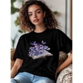 thumbnail image 2 of Camiseta de mujer, camisetas de manga corta, camisetas casuales, camisetas de cuello redondo con flores moradas y libro para mujer, 2 of 8
