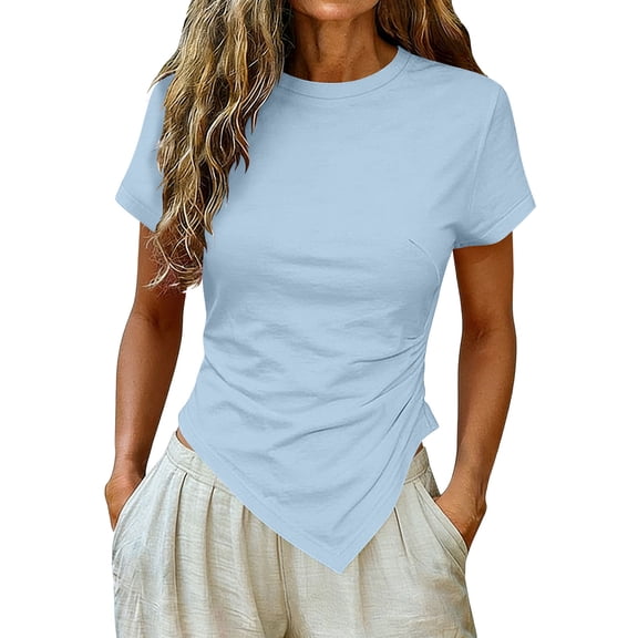 GUACER Womens Short Sleeve Shirts Asymmetrical Pointed Hem Crop Tops, Stretchy Crew Neck Slim Fit Casual Everyday Blouses