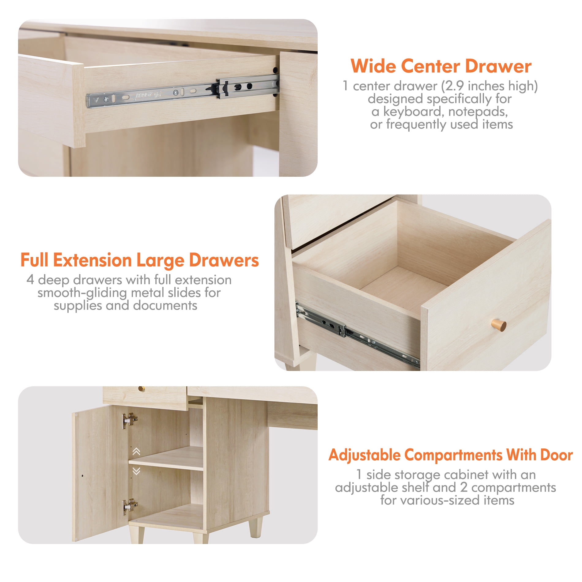 58" Executive Desk with 5 Drawers and 1 Door, Modern Farmhouse Home Office Computer Table with Charging Station, Light Oak