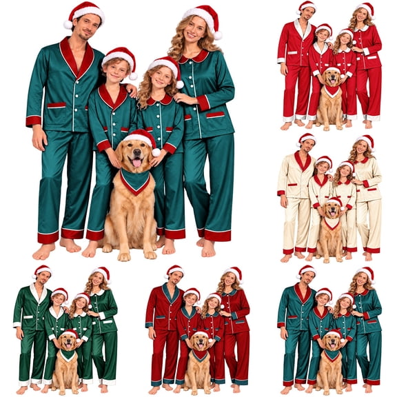 Harpily Christmas Family Pajamas Matching Sets Long Sleeve Button Down Shirts Soft Satin Sleepwear for Family Holiday Nightwear